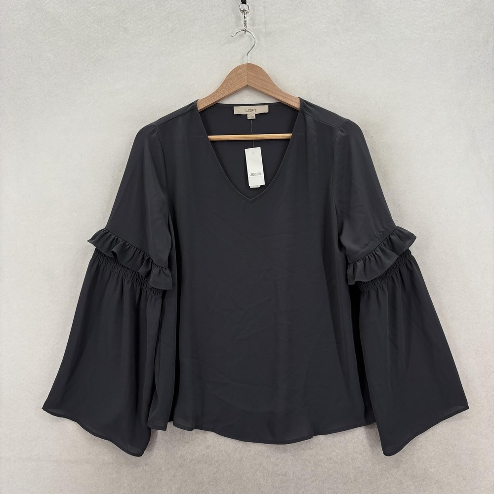 LOFT Blouse Womens XS Gray Ruffle Bell Long Sleeve V Neck Flowy Tunic Top NWT